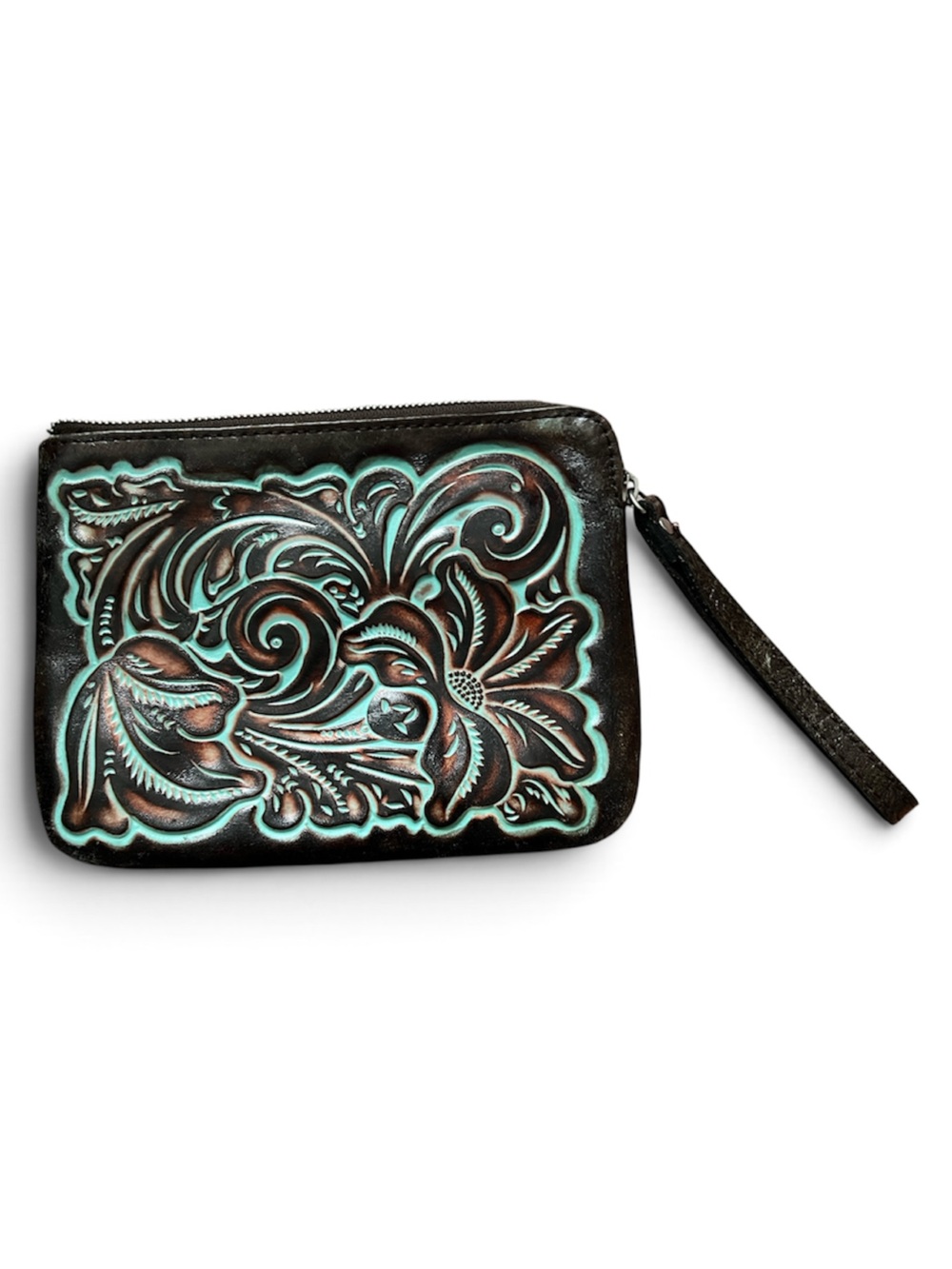Patricia Nash~Hand-Tooled Floral Leather Wristlet in Turquoise and Brown
